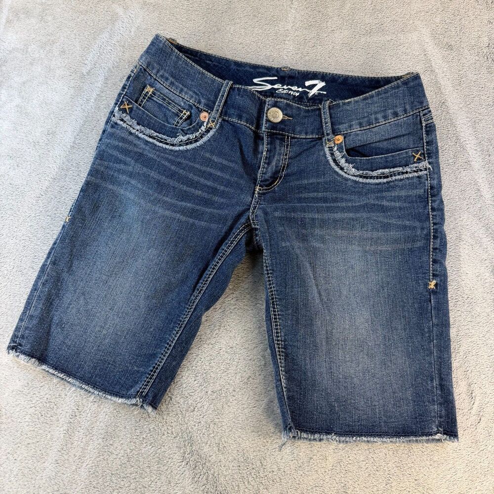 Seven7 Denim Shorts Women Distressed Bermuda Size 29 Blue Frayed Embroidered Y2K